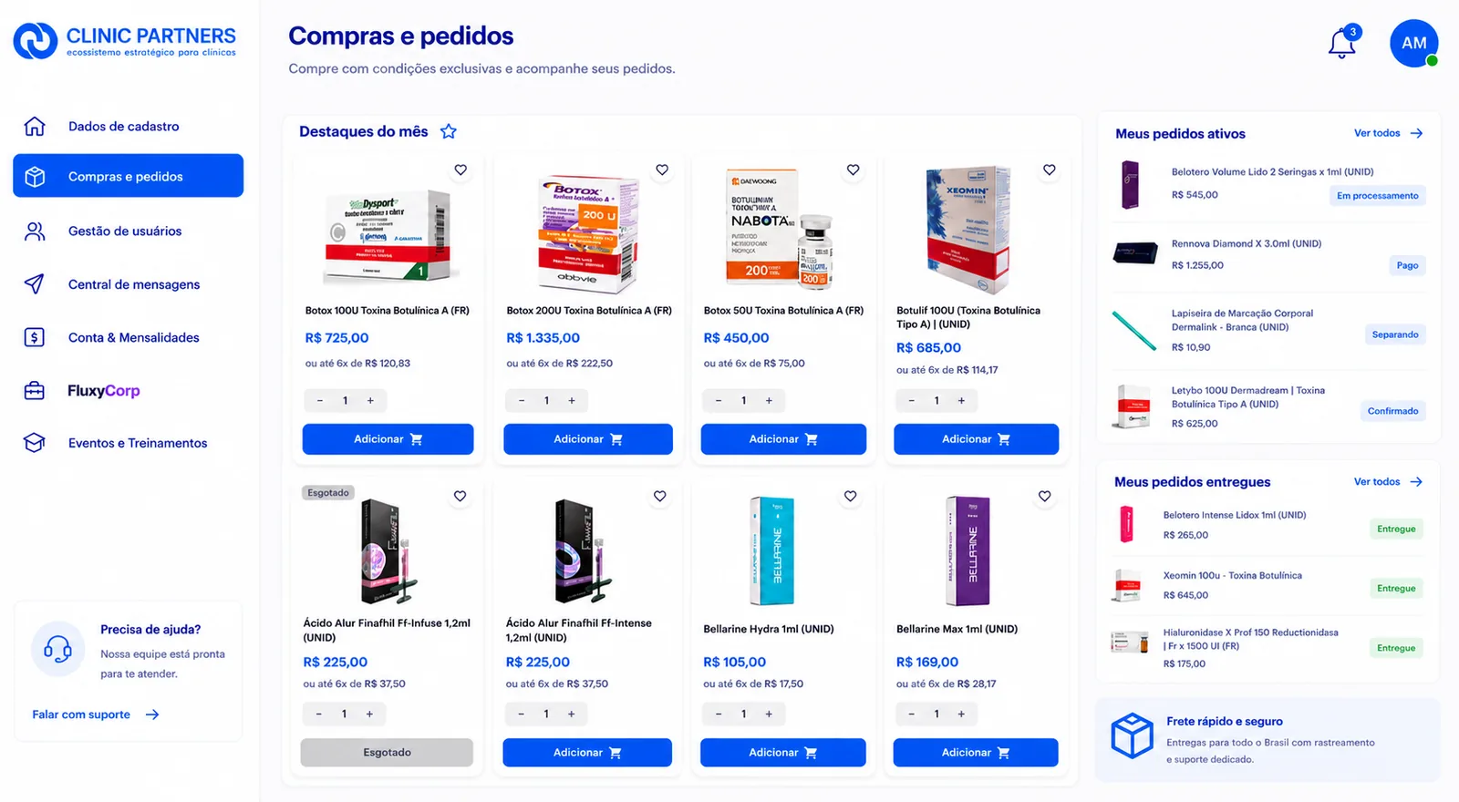Tela de Compras e pedidos da plataforma Clinic Partners: catálogo de produtos com preços e pedidos ativos na lateral
